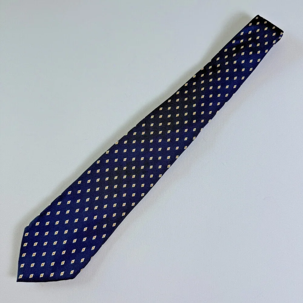 VTG Polo Ralph Lauren Silk Tie Navy Blue Yellow White Diamond Geometric Italy
